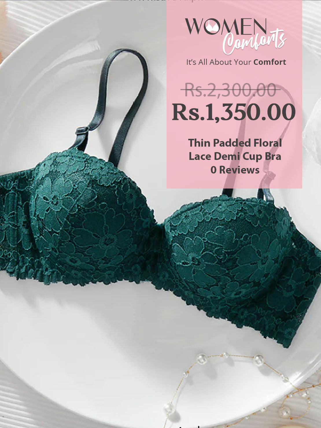 Thin Padded Floral Lace Demi Cup Bra