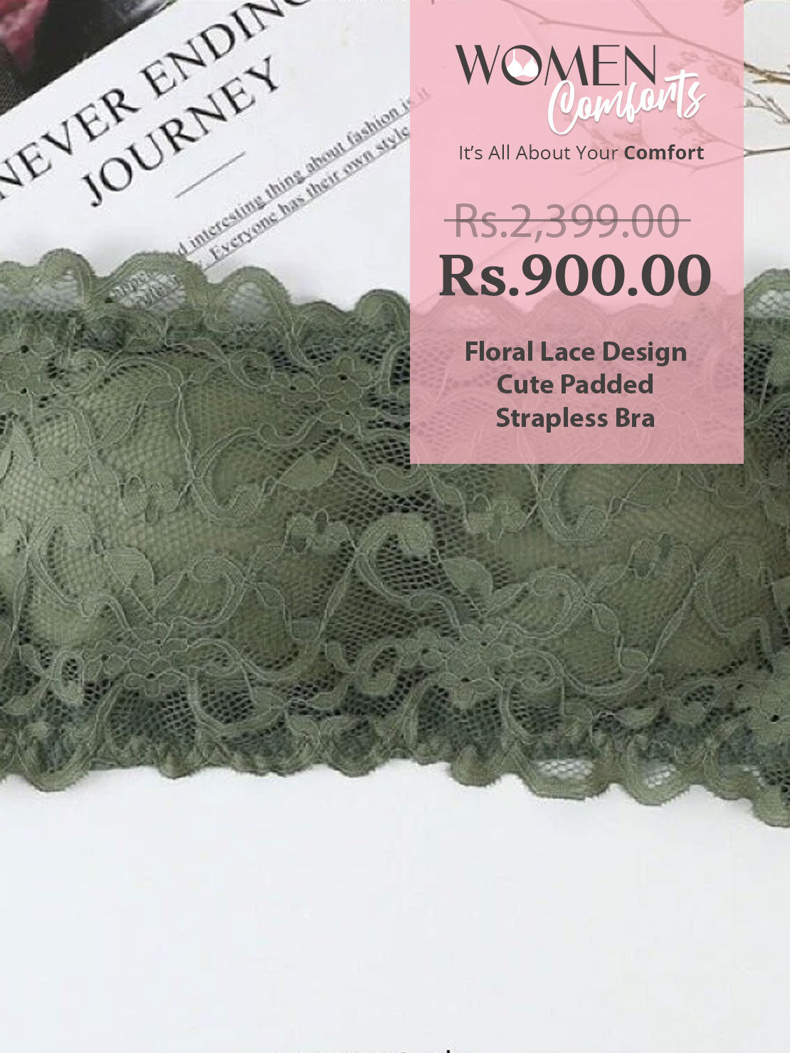 Floral Lace Design Cute Padded Strapless Bra