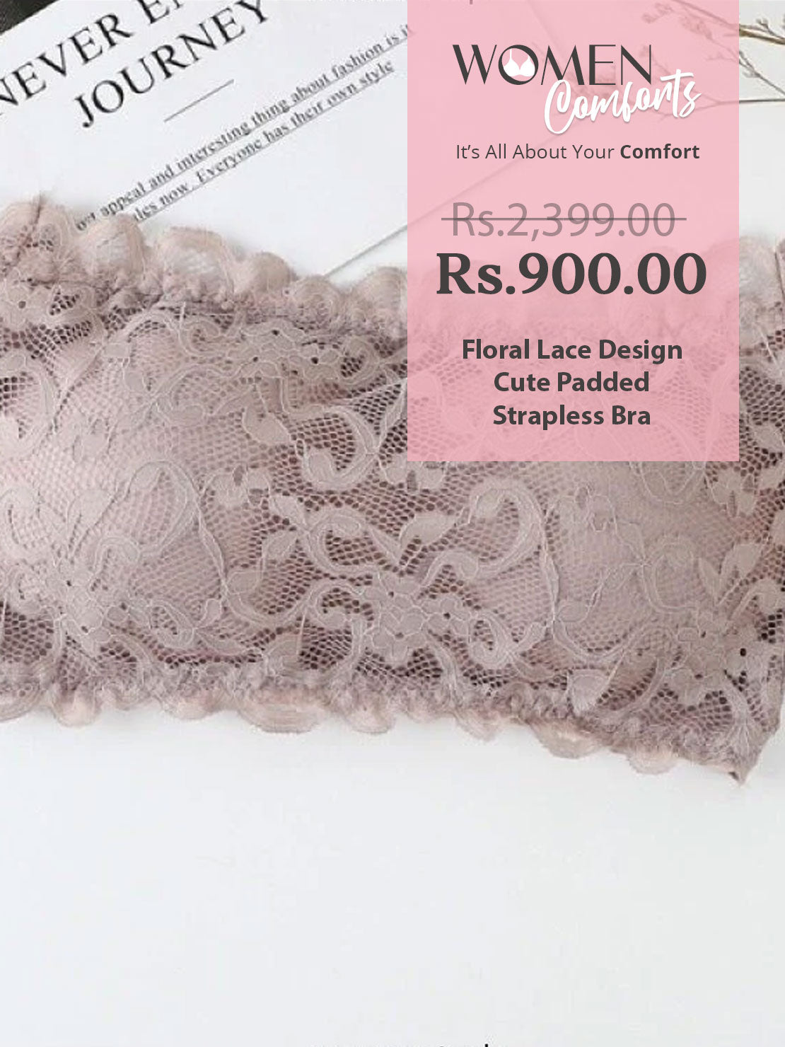 Floral Lace Design Cute Padded Strapless Bra