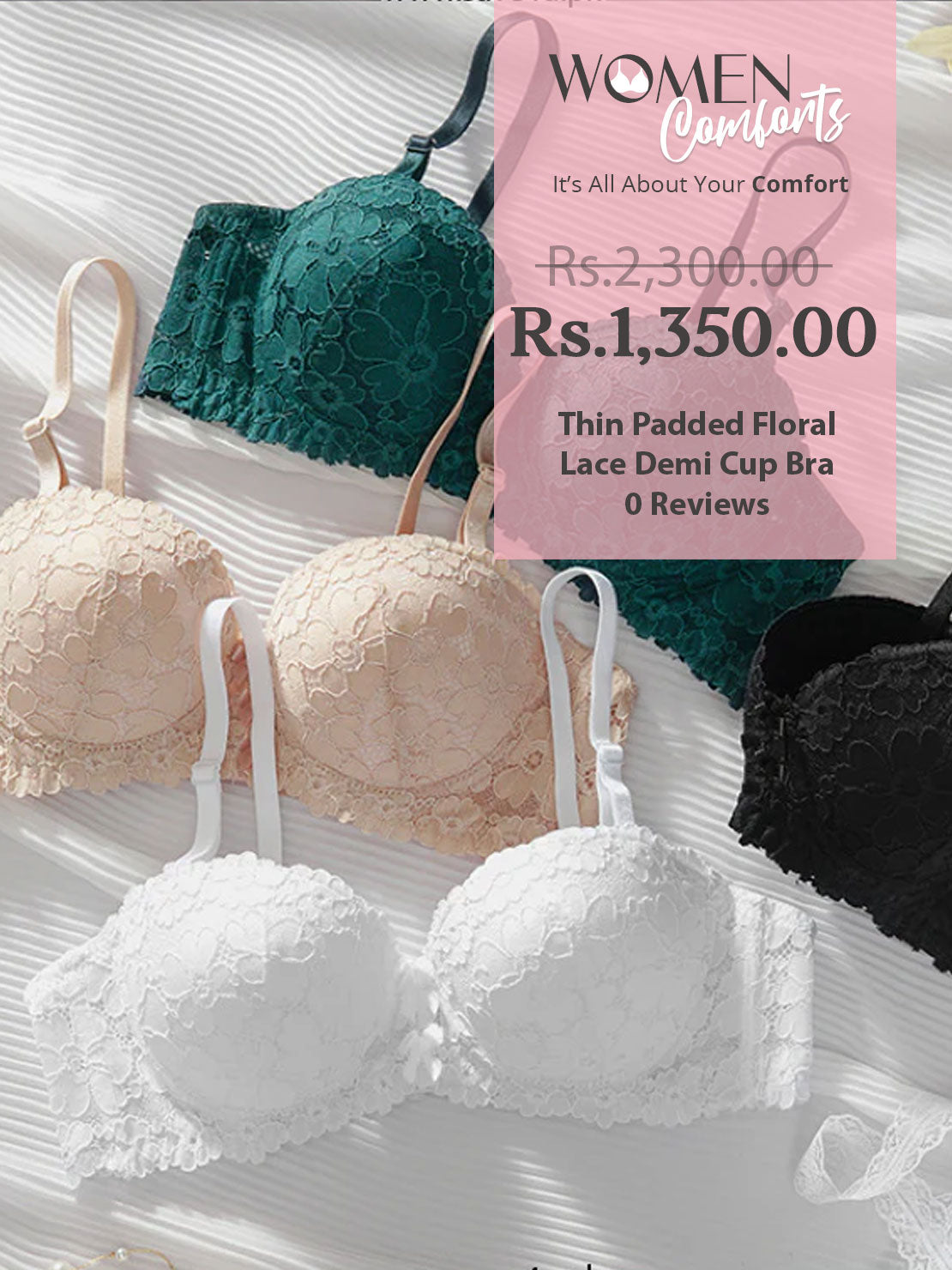 Thin Padded Floral Lace Demi Cup Bra