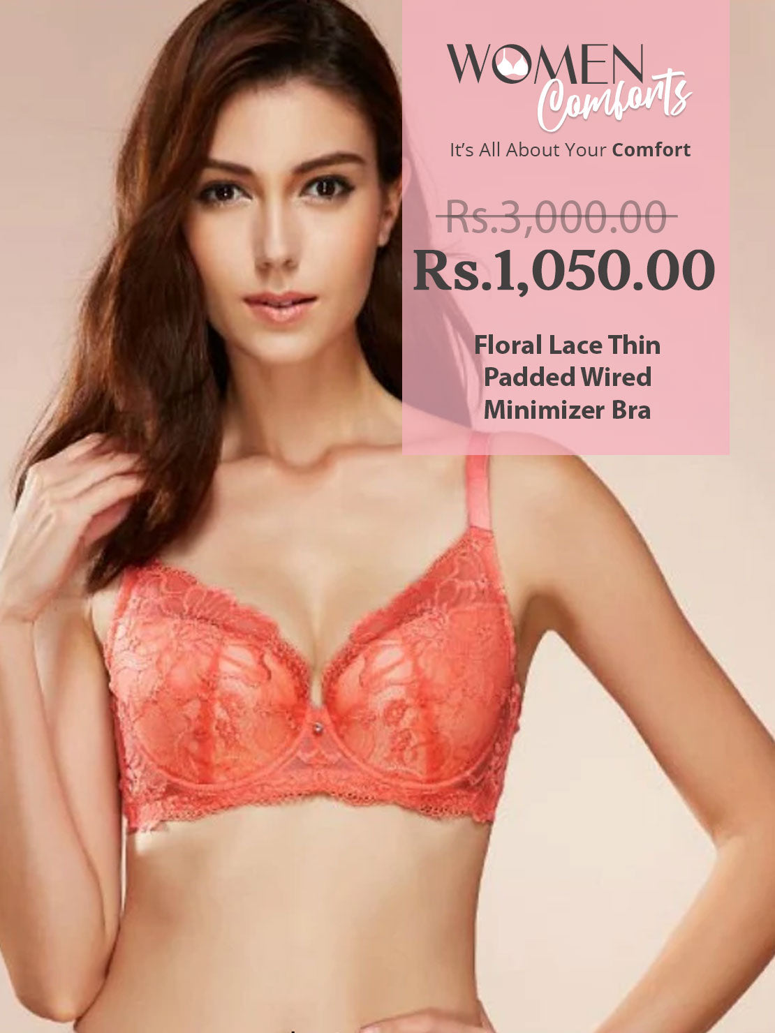 Floral Lace Thin Padded Wired Minimizer Bra