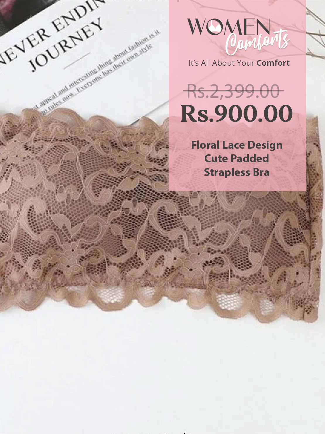 Floral Lace Design Cute Padded Strapless Bra
