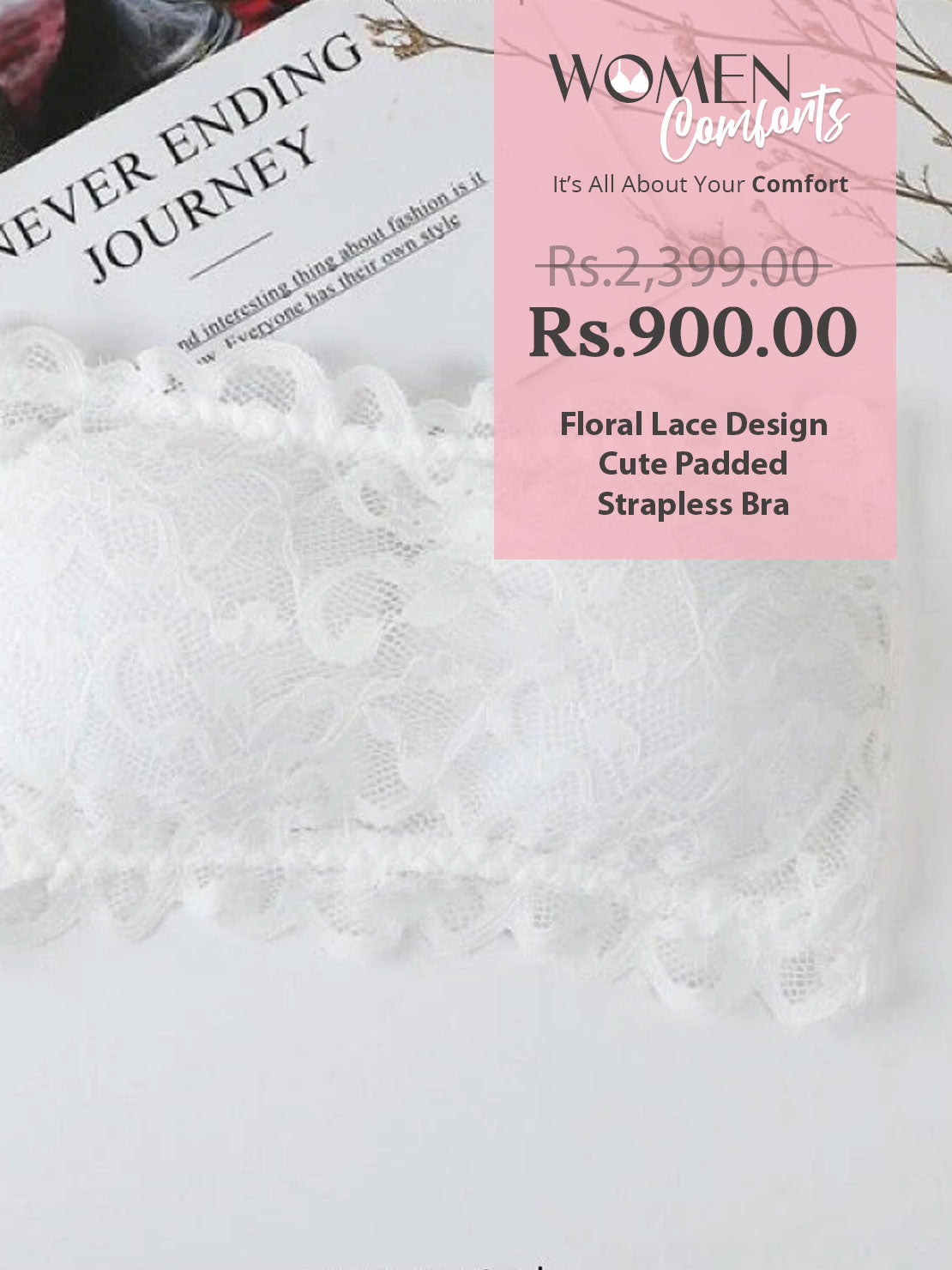 Floral Lace Design Cute Padded Strapless Bra
