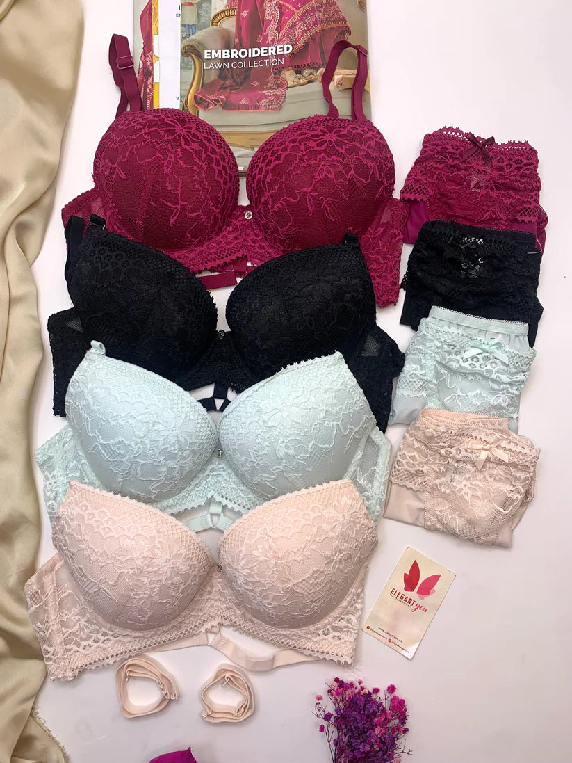 Bridal Lace Pattern Padded Pushup Wire Bra & Matching Underwear (001)