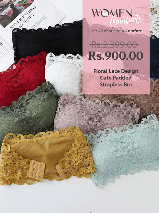 Floral Lace Design Cute Padded Strapless Bra