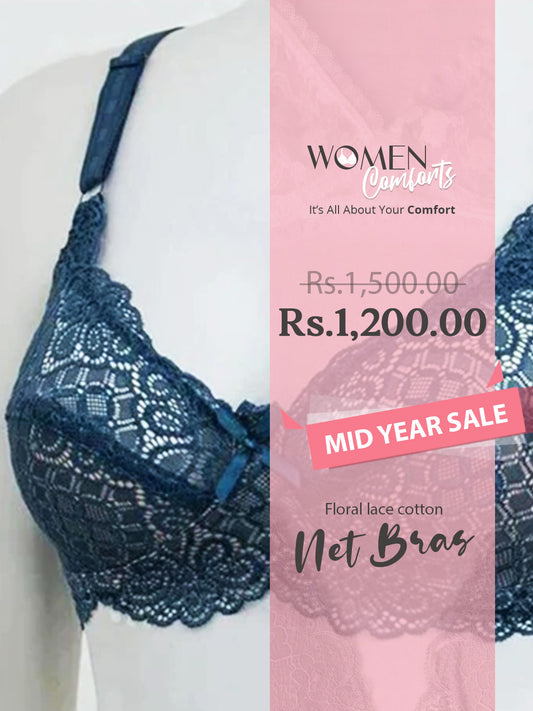 Floral lace cotton net bra
