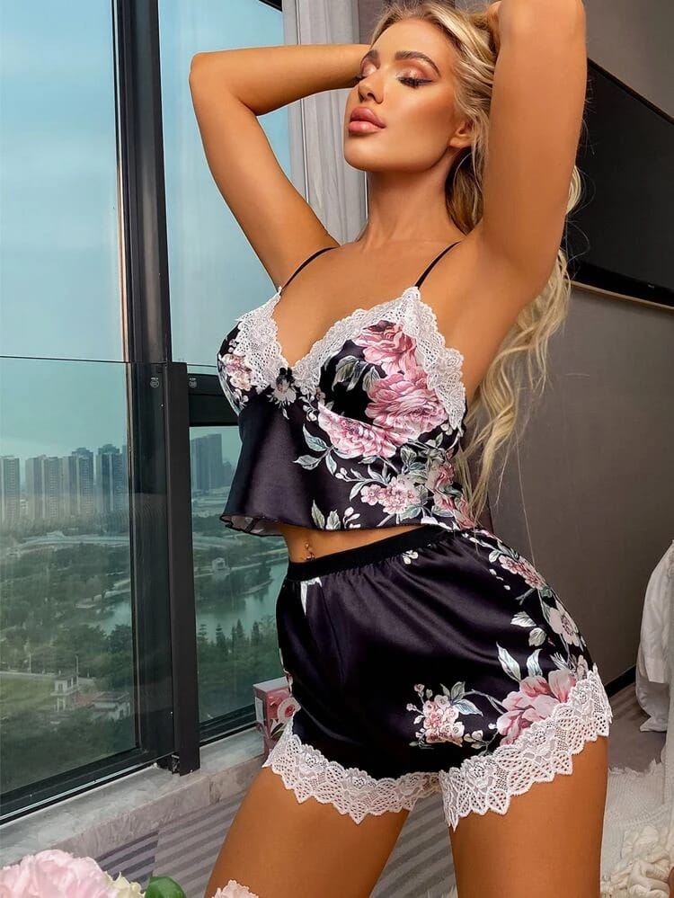 Flower Printed Lingerie Set - 421