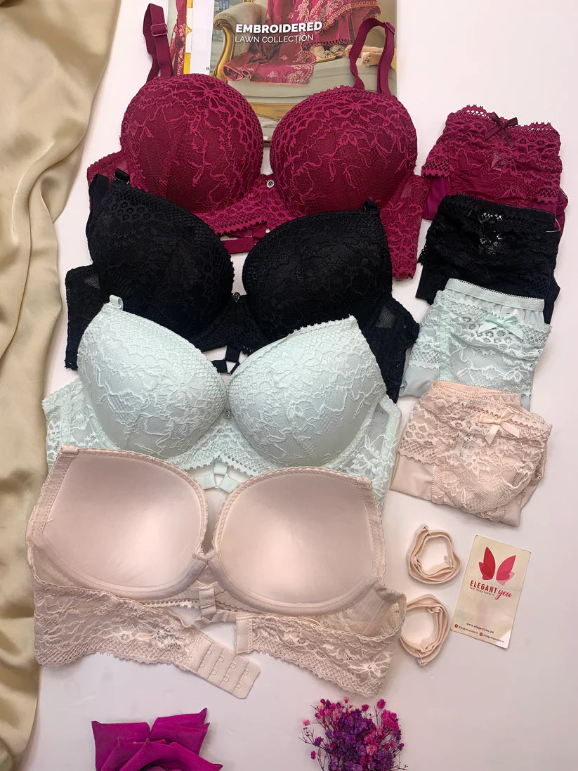 Bridal Lace Pattern Padded Pushup Wire Bra & Matching Underwear (001)