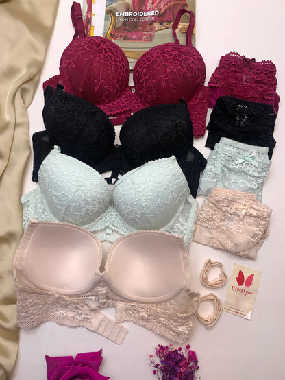 Bridal Lace Pattern Padded Pushup Wire Bra & Matching Underwear (001)