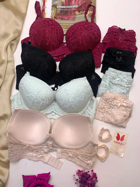 Bridal Lace Pattern Padded Pushup Wire Bra & Matching Underwear (001)