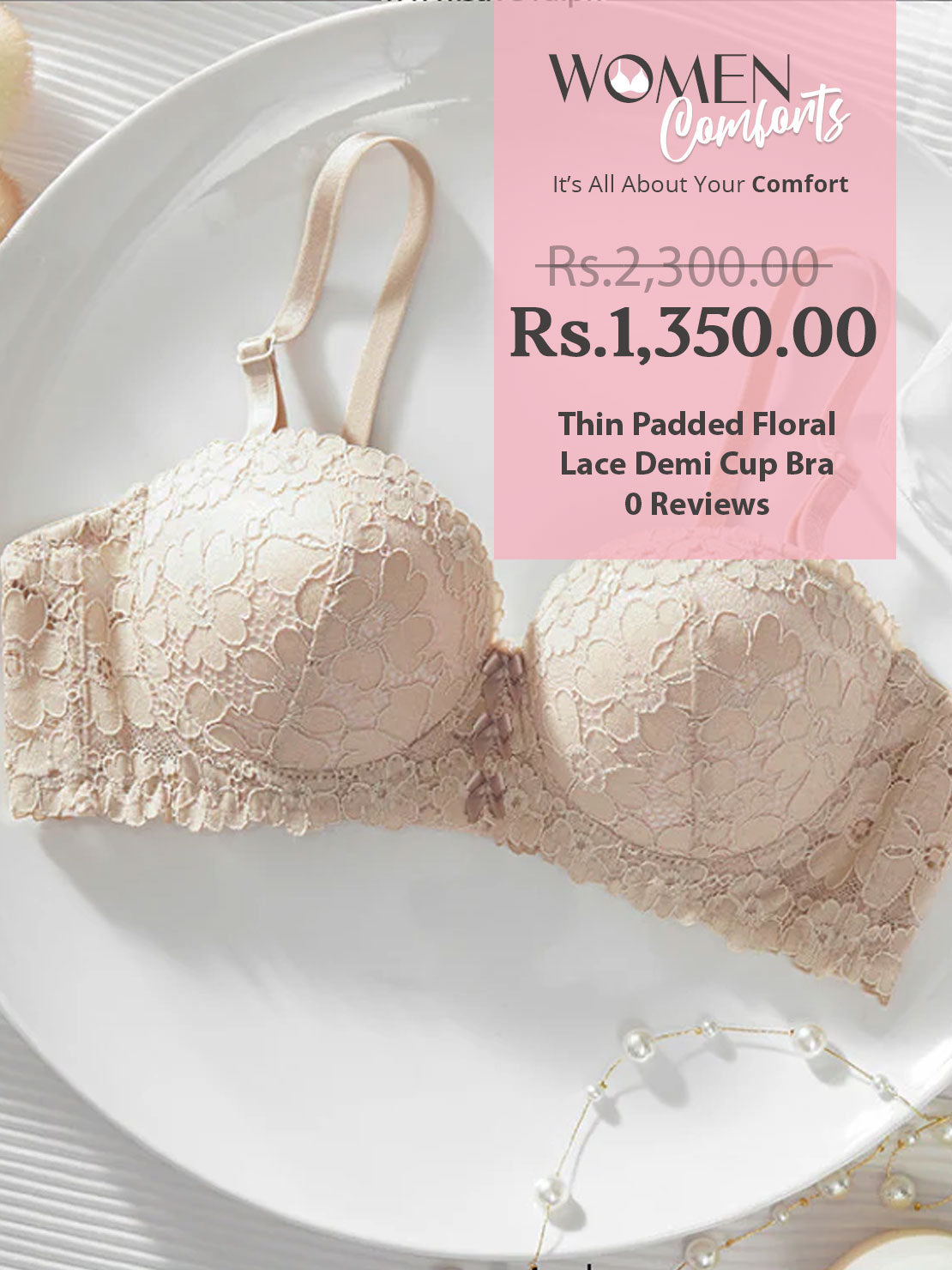 Thin Padded Floral Lace Demi Cup Bra