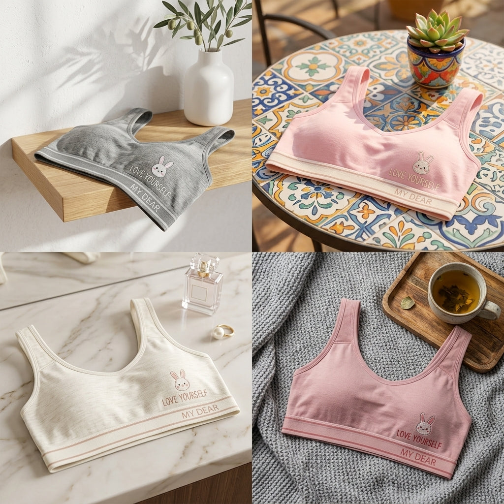 Soft Cotton Training Bra for Girls – Seamless Sports Crop Top with Cute Bunny Print